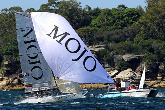 Mojo Wine races past the club's video team on board the camera cat - 18ft Skiffs: Queen of the Harbour & Alice Burton Memorial Trophy 2017 © 18footers.com